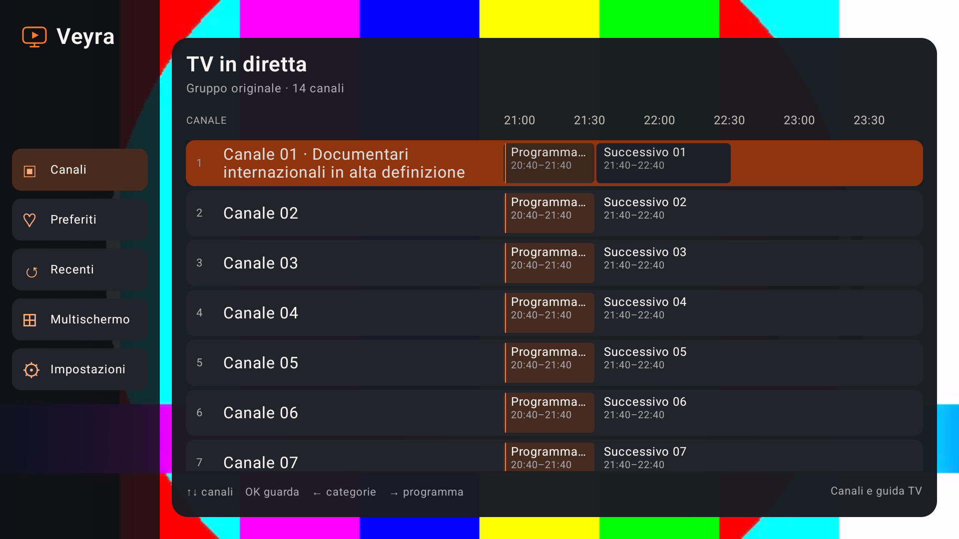 Veyra: elenco canali e guida programmi sullo schermo TV