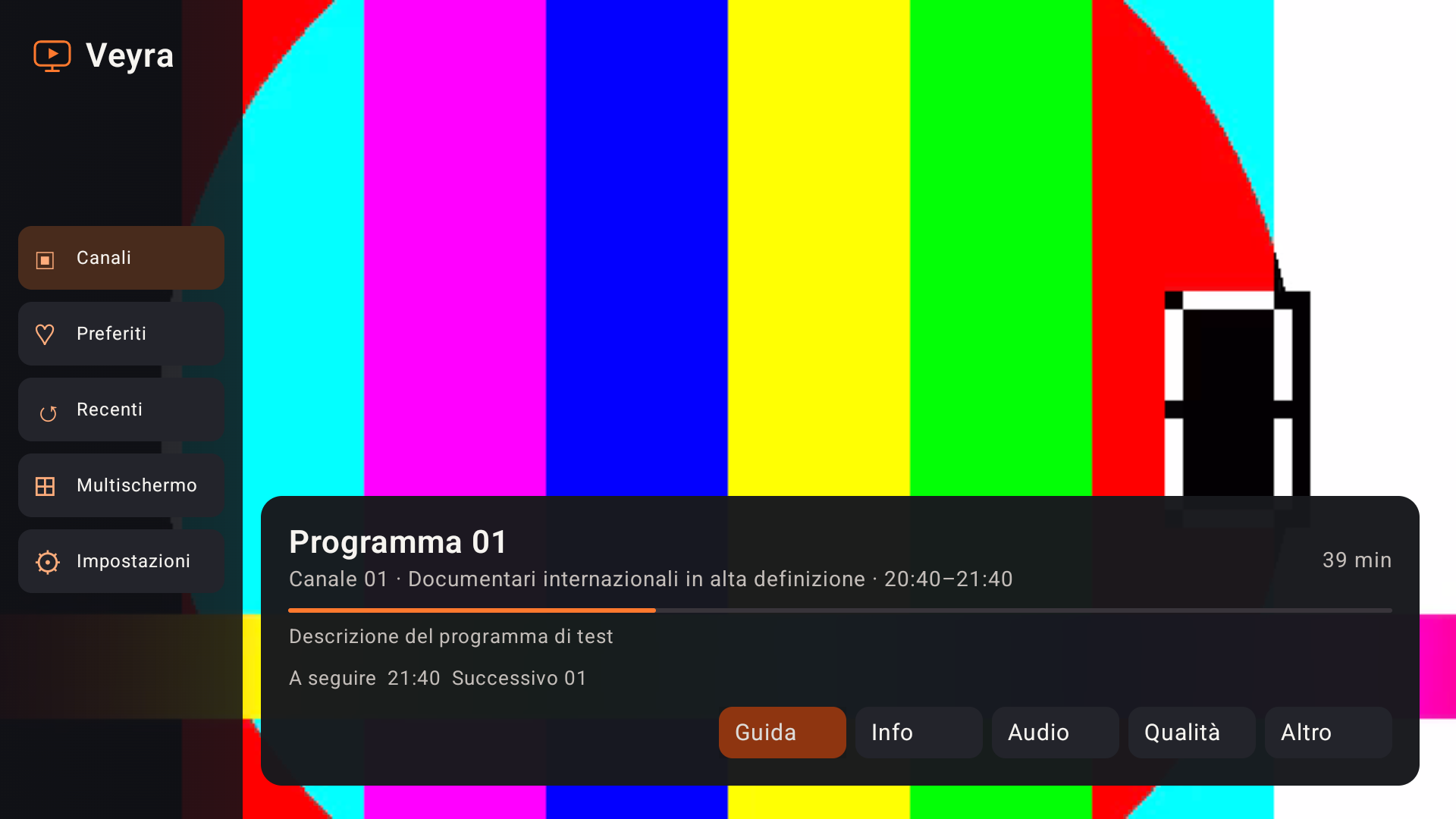 Player Veyra con informazioni sul programma e comandi di riproduzione